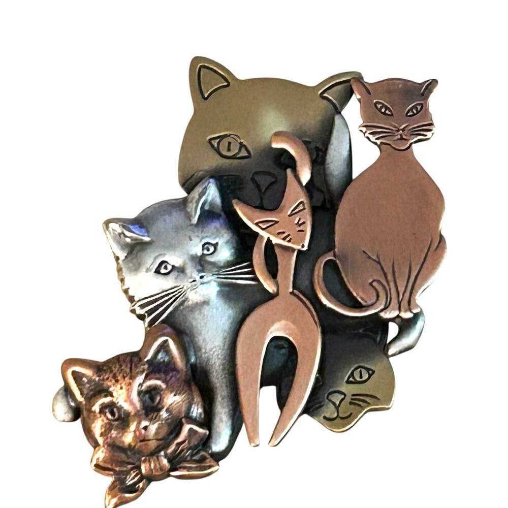 Cats Collage “Crazy Cat Lady” Brooch Pin Brass and Silver Tones Maximalist